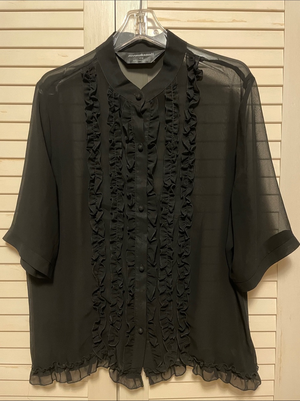 Norma Kamali Black Sheer Ruffle Front Button-Down Shirt